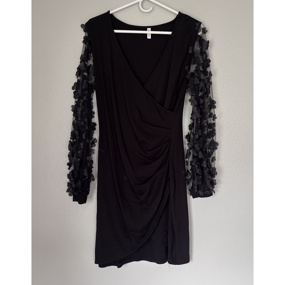 Black Dress Womens Medium Flower Long Sleeve Cocktail Party‎ Belt Swing Wedding